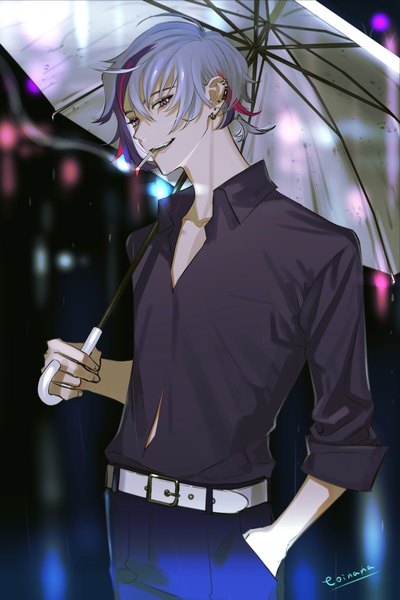 Anime picture 1122x1684 with virtual youtuber nijisanji fuwa minato toinana single tall image short hair purple eyes silver hair outdoors multicolored hair streaked hair piercing ear piercing low ponytail rain open collar hand in pocket smoking transparent umbrella