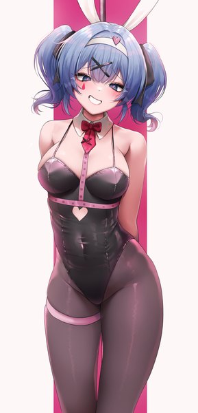 Anime-Bild 2807x5828 mit vocaloid rabbit hole (vocaloid) hatsune miku doyoon 7 single tall image looking at viewer blush highres short hair breasts blue eyes light erotic smile standing twintails animal ears blue hair bunny ears grin