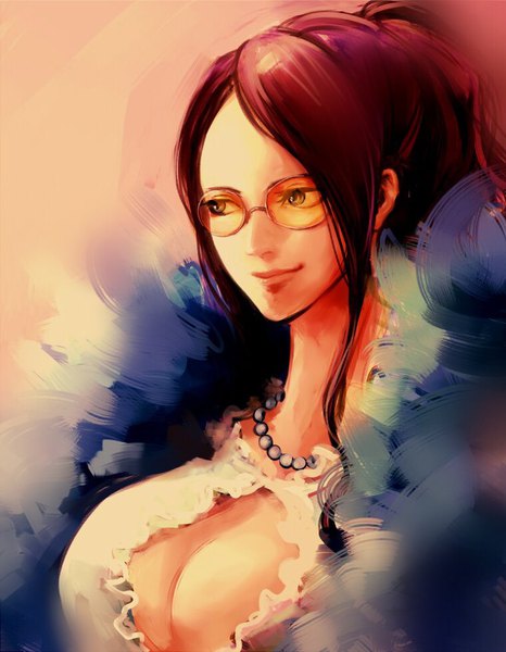 Anime picture 760x978 with one piece toei animation nico robin torapunch single long hair tall image breasts light erotic simple background smile brown hair large breasts looking away upper body ponytail lips fur trim cleavage cutout center opening