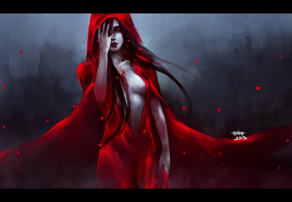 Anime picture 1300x900 with original mara (original character) nanfe single long hair breasts light erotic black hair red eyes signed nail polish letterboxed hand on face girl dress petals hood blood red dress