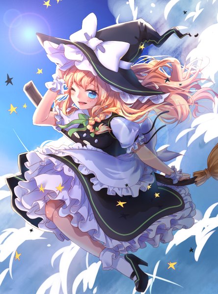 Anime picture 1000x1350 with touhou kirisame marisa mame (yangqi787) single long hair tall image looking at viewer blush fringe open mouth blue eyes blonde hair sky cloud (clouds) braid (braids) one eye closed wind wink single braid hand on head