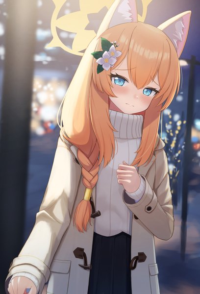 Anime picture 1131x1664 with blue archive mari (blue archive) asami fumi single long hair tall image looking at viewer blush fringe blue eyes blonde hair hair between eyes standing animal ears outdoors braid (braids) long sleeves head tilt hair flower night