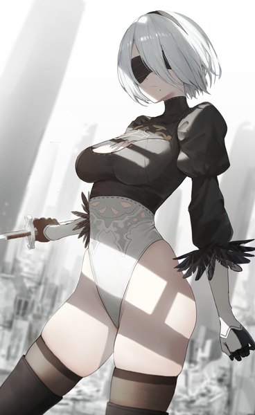 Anime picture 3042x4957 with nier nier:automata yorha no. 2 type b pigone single tall image fringe highres short hair breasts light erotic standing holding absurdres silver hair mole puffy sleeves thighs mole under mouth blindfold