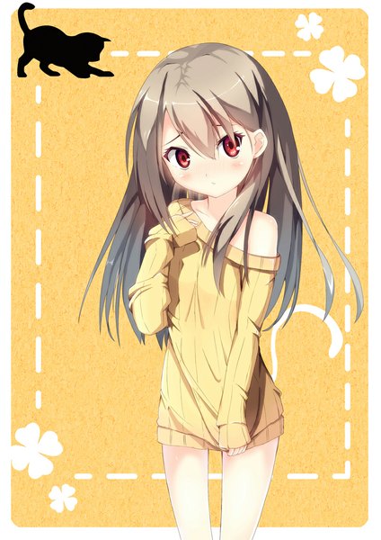 Anime picture 800x1131 with original kei (pixiv2548624) single long hair tall image looking at viewer red eyes brown hair bare shoulders loli girl animal cat sweater