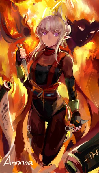 Anime picture 2480x4333 with dungeon and fighter annnna single long hair tall image looking at viewer fringe highres standing white hair pink eyes pointy ears hair bun (hair buns) girl weapon earrings bodysuit fire flame