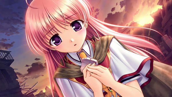 Anime picture 1280x720 with aiyoku no eustia eustia astraea long hair wide image purple eyes pink hair game cg evening sunset girl