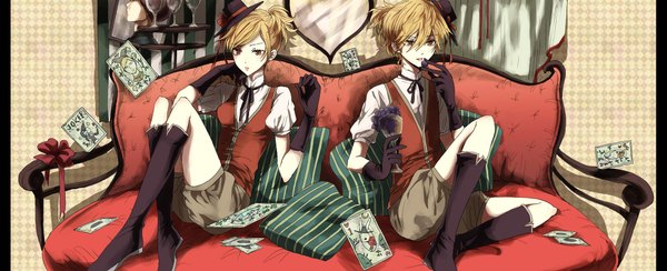 Anime picture 2013x820 with vocaloid kagamine rin kagamine len yuki (fuguneko) highres blonde hair wide image sitting couple eating twins girl boy gloves bow food shorts boots pillow couch