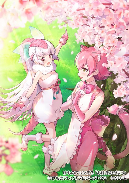 Anime picture 707x1000 with kemono friends kemono friends 3 peach panther (kemono friends) pink fairy armadillo (kemono friends) hasumikaoru long hair tall image fringe short hair open mouth hair between eyes red eyes standing multiple girls animal ears yellow eyes pink hair outdoors white hair ponytail
