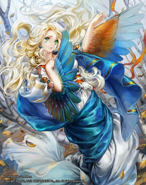Anime picture 788x1000 with guardian cross jane mere single long hair tall image blonde hair green eyes looking away girl plant (plants) earrings wings tree (trees) leaf (leaves)