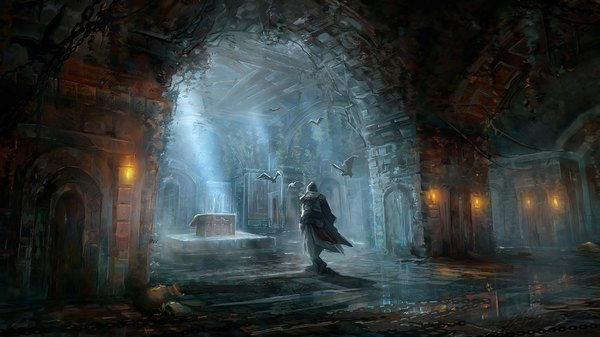 Anime picture 1191x670 with assassin's creed (game) ezio auditore da firenze flaminj highres short hair brown hair wide image from behind back light walking assassin boy animal bird (birds) hood cape chain fire flame