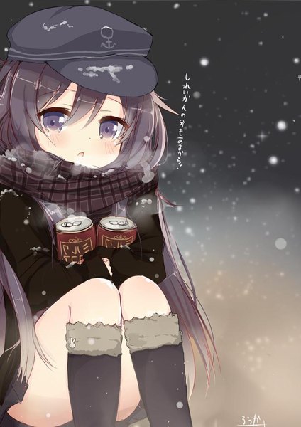 Anime picture 724x1024 with kantai collection akatsuki destroyer rouka (akatyann) single long hair tall image blush fringe light erotic hair between eyes sitting purple eyes holding payot purple hair bent knee (knees) ass long sleeves parted lips head tilt