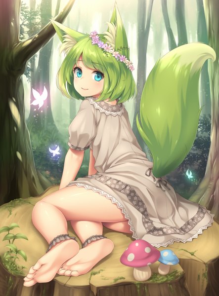 Anime picture 1016x1376 with original sasaame single tall image looking at viewer fringe short hair blue eyes smile animal ears full body outdoors tail animal tail looking back barefoot hair flower green hair bare legs short sleeves