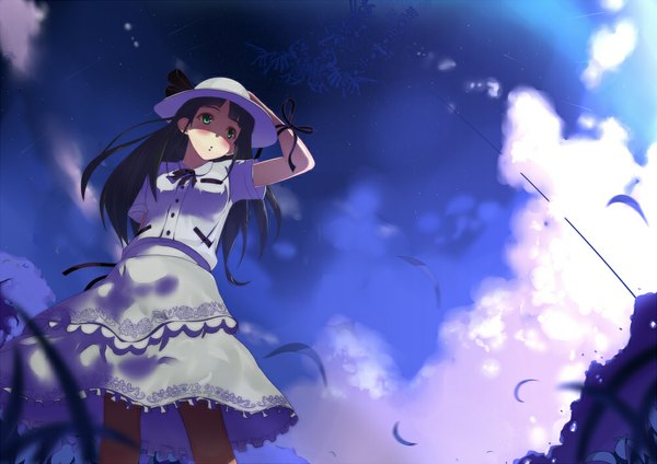 Anime picture 1000x707 with original kinugasa yuuichi single long hair blush open mouth black hair green eyes sky cloud (clouds) from below girl dress plant (plants) hat leaf (leaves) grass