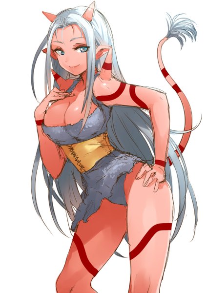 Anime picture 925x1308 with dragon quest dragon quest x ogre (dq10) senri gan single long hair tall image breasts blue eyes light erotic simple background smile large breasts white background looking away tail horn (horns) pointy ears tattoo hand on hip