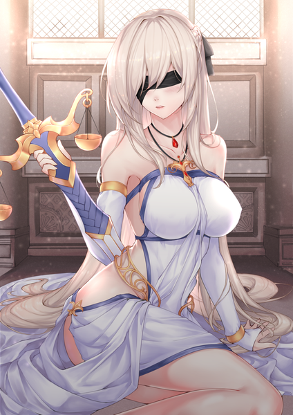 Anime picture 848x1200 with goblin slayer! sword maiden scal2let single tall image blush fringe breasts open mouth light erotic blonde hair large breasts sitting bare shoulders holding indoors braid (braids) very long hair arm support yokozuwari