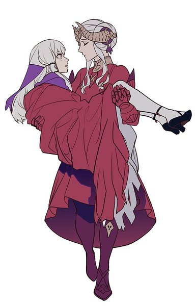 Anime picture 650x1019 with fire emblem fire emblem: three houses nintendo edelgard von hresvelg lysithea von ordelia vavafle long hair tall image short hair simple background standing white background multiple girls holding full body white hair eyes closed profile pink eyes horn (horns)