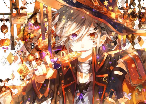 Anime picture 989x705 with original tsugutoku single looking at viewer fringe short hair smile purple eyes holding upper body nail polish arm up grey hair open jacket orange eyes fang (fangs) heterochromia facial mark halloween orange nail polish