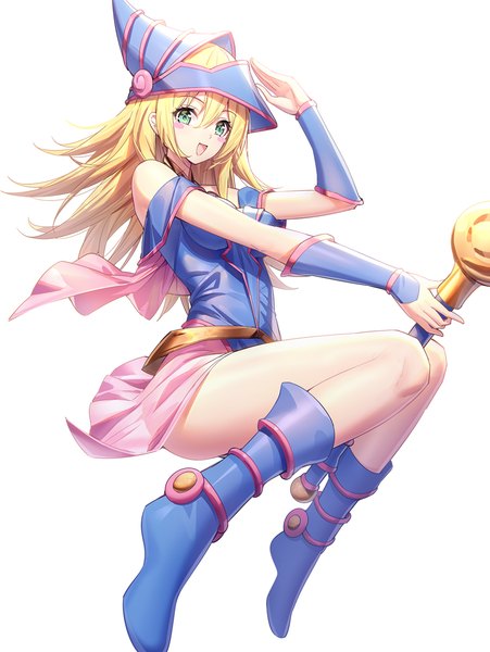 Anime picture 903x1200 with yu-gi-oh! dark magician girl ririko (zhuoyandesailaer) single long hair tall image looking at viewer fringe open mouth light erotic simple background blonde hair smile hair between eyes white background holding green eyes full body bent knee (knees) :d