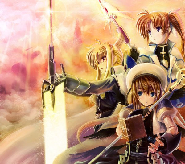 Anime picture 1307x1160 with mahou shoujo lyrical nanoha mahou shoujo lyrical nanoha strikers fate testarossa takamachi nanoha yagami hayate book of the azure sky tagme (artist) brown hair multiple girls girl weapon sword book (books) 3 girls spear