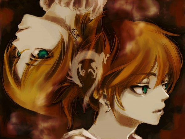 Anime picture 1100x825 with vocaloid kagamine rin kagamine len ura hanabi short hair green eyes orange hair close-up girl boy earrings