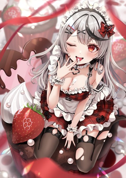 Anime picture 4422x6252 with virtual youtuber hololive sakamata chloe rkc single long hair tall image blush highres breasts open mouth light erotic red eyes large breasts sitting absurdres cleavage silver hair nail polish one eye closed