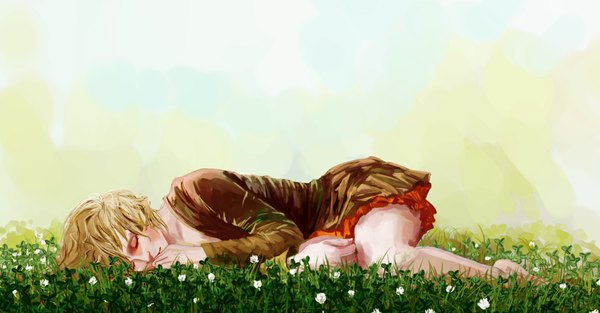 Anime picture 1167x610 with original ichihara fringe short hair blonde hair wide image lying eyes closed barefoot bare legs sleeping flower (flowers) plant (plants) grass