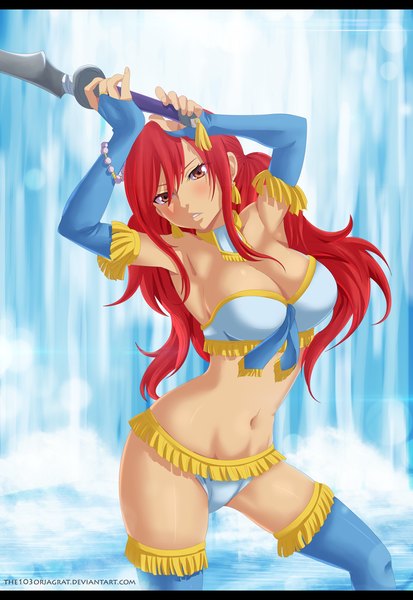 Anime picture 1400x2032 with fairy tail erza scarlet the103orjagrat single long hair tall image blush light erotic twintails brown eyes red hair bare belly armpit (armpits) coloring letterboxed girl thighhighs gloves navel weapon