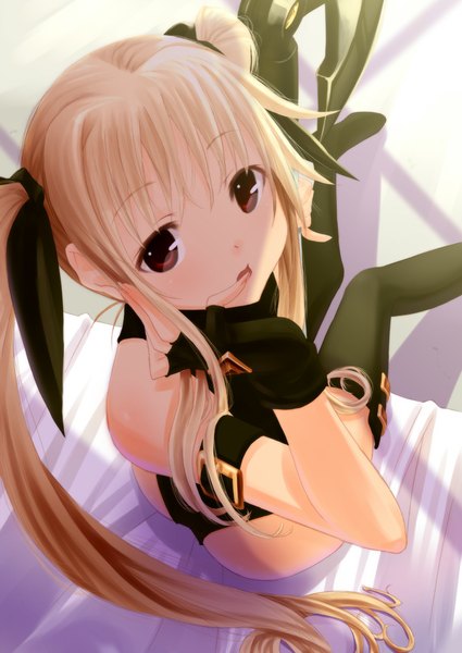 Anime picture 717x1012 with mahou shoujo lyrical nanoha fate testarossa wadapen single long hair tall image looking at viewer open mouth light erotic blonde hair red eyes sitting twintails looking back finger to mouth girl thighhighs gloves bow black thighhighs