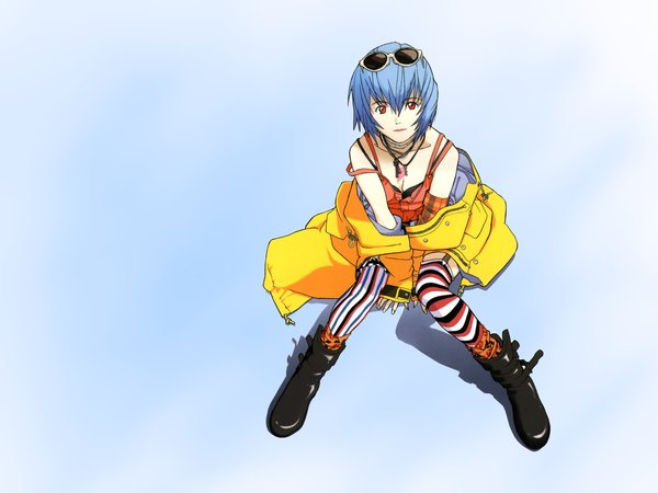 Anime picture 1600x1200 with neon genesis evangelion gainax ayanami rei honda takeshi fringe short hair simple background hair between eyes red eyes sitting bare shoulders blue hair bent knee (knees) light smile alternate costume blue background strap slip sunglasses on head casual different thighhighs