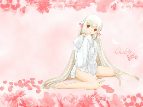 Anime picture 1024x768 with chobits chii looking at viewer blonde hair sitting payot full body bent knee (knees) long sleeves very long hair head tilt bare legs naked shirt girl flower (flowers) shirt petals white shirt android