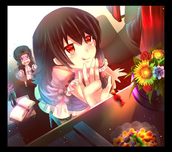 Anime picture 2382x2114 with pandora hearts xebec lacie baskerville oswald baskerville mochizuki jun long hair highres open mouth black hair red eyes purple eyes border girl boy flower (flowers) tongue candy