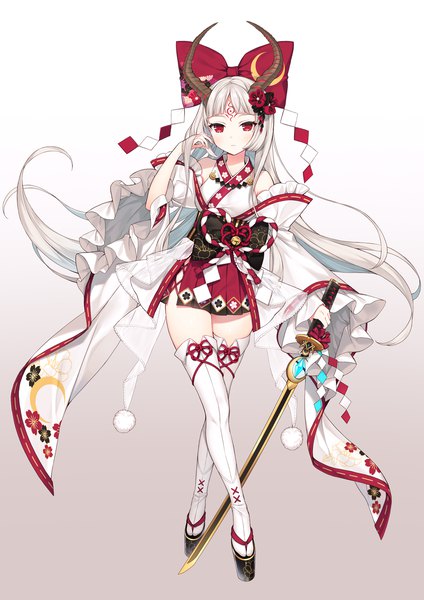 Anime picture 1200x1698 with hearts recollection byulzzimon single long hair tall image looking at viewer blush fringe simple background red eyes standing white background bare shoulders holding payot silver hair full body blunt bangs long sleeves traditional clothes