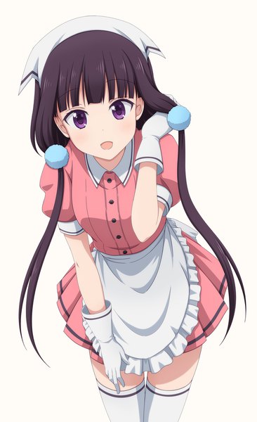 Anime picture 1249x2048 with blend s a-1 pictures sakuranomiya maika shira-nyoro single long hair tall image looking at viewer fringe open mouth black hair simple background white background twintails purple eyes blunt bangs low twintails adjusting hair waitress girl