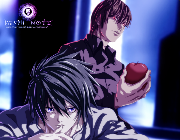 イラスト 1024x800 と デスノート マッドハウス 夜神月 l (death note) silvercore94 短い髪 青い目 黒髪 赤い目 茶色の髪 inscription coloring finger to mouth light 男性 シャツ リンゴ