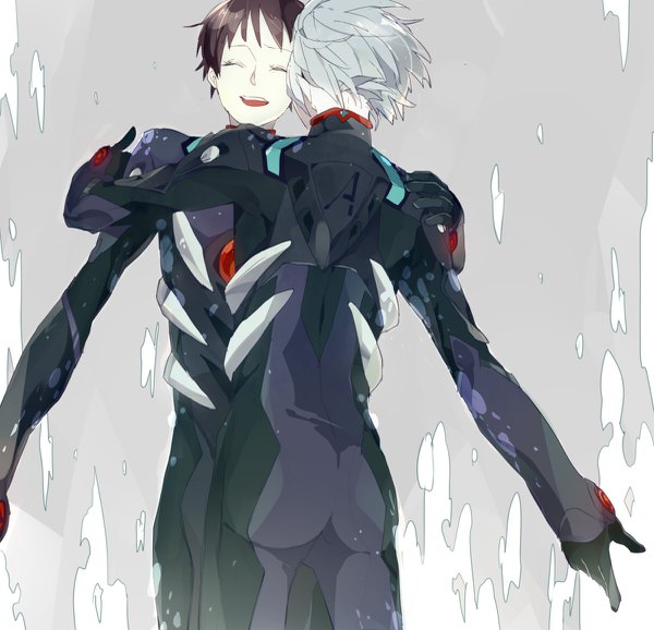 Anime picture 1200x1157 with neon genesis evangelion rebuild of evangelion evangelion: 3.0 you can (not) redo gainax ikari shinji nagisa kaworu ichimiya short hair open mouth simple background smile brown hair standing silver hair ass eyes closed from behind grey background multiple boys hug