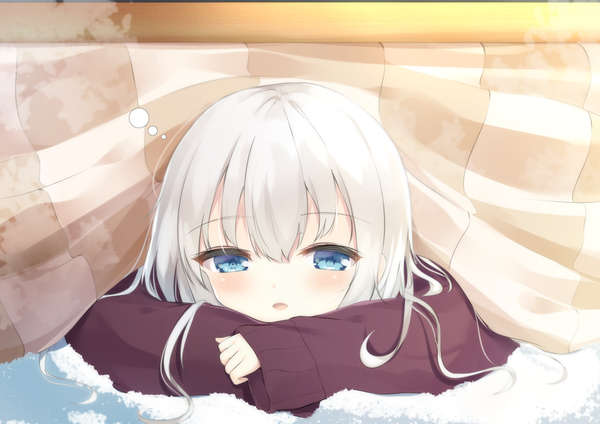 Anime picture 1169x828 with original aties20 single long hair looking at viewer blush fringe open mouth blue eyes hair between eyes white hair lying sleeves past wrists on stomach girl kotatsu
