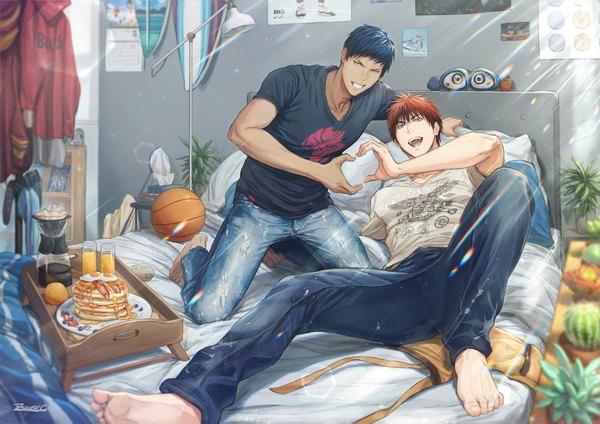Anime picture 2000x1415 with kuroko no basket production i.g aomine daiki kagami taiga zawar379 looking at viewer fringe highres short hair open mouth blue eyes smile hair between eyes brown eyes signed blue hair red hair indoors lying :d