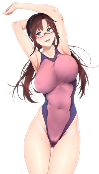 Anime picture 1847x3228 with neon genesis evangelion rebuild of evangelion evangelion: 2.0 you can (not) advance gainax makinami mari illustrious zucchini single long hair tall image looking at viewer fringe highres breasts open mouth blue eyes light erotic simple background smile brown hair large breasts