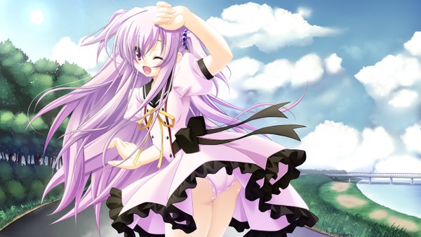 Anime picture 1280x720 with argenteumastrum long hair open mouth light erotic wide image purple eyes pink hair sky cloud (clouds) one eye closed wink pantyshot girl dress underwear panties