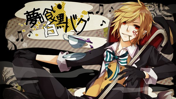 Anime picture 1024x576 with nico nico singer 96neko mukkun single short hair blonde hair red eyes wide image piercing hieroglyph face paint reverse trap girl gloves hat earrings bowtie chain chair vest