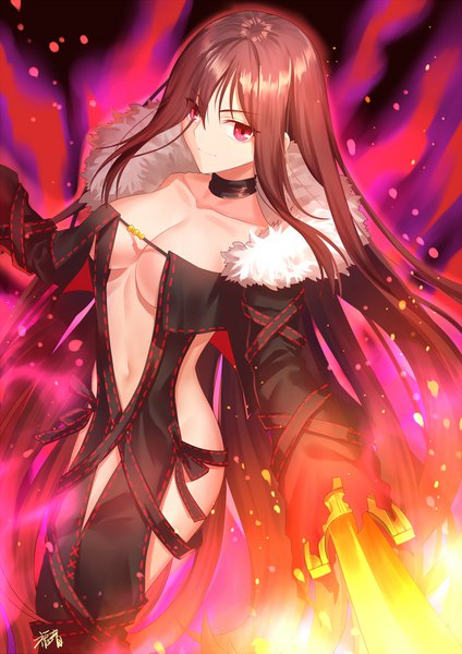 Anime picture 1500x2121 with fate (series) fate/grand order yu mei-ren (fate) gogatsu fukuin single tall image looking at viewer fringe breasts light erotic smile red eyes brown hair large breasts standing signed payot cleavage very long hair hair over one eye