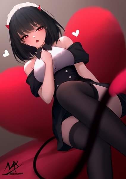 Anime-Bild 2024x2863 mit original shimmer single tall image looking at viewer blush fringe highres short hair open mouth black hair red eyes sitting signed tail horn (horns) off shoulder grey background :o maid