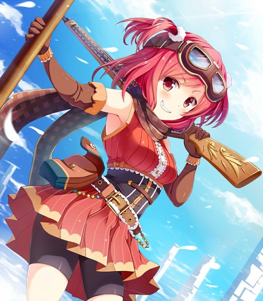 Anime picture 1000x1142 with original noe noel single tall image blush fringe short hair smile standing bare shoulders pink hair sky cloud (clouds) wind two side up clenched teeth underbust weapon over shoulder girl gloves