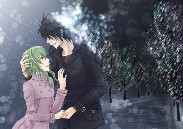 Anime picture 1414x1000 with vocaloid gumi short hair open mouth black hair green eyes green hair light smile couple tears winter girl boy plant (plants) tree (trees) jacket cloak winter clothes
