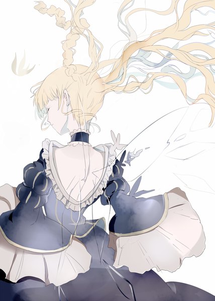 Anime picture 750x1050 with umineko no naku koro ni beatrice kafi single long hair tall image fringe simple background blonde hair white background upper body blunt bangs braid (braids) eyes closed parted lips profile from behind wide sleeves puffy sleeves floating hair