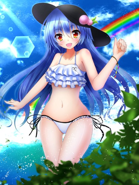 Anime picture 1000x1330 with touhou hinanawi tenshi ymd (holudoun) single long hair tall image blush fringe open mouth light erotic hair between eyes red eyes blue hair sky cloud (clouds) girl navel swimsuit hat bikini