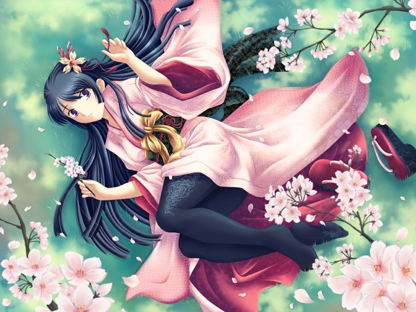 Anime picture 1024x768 with maxwindy black hair lying japanese clothes cherry blossoms soles flower (flowers) petals kimono sandals geta