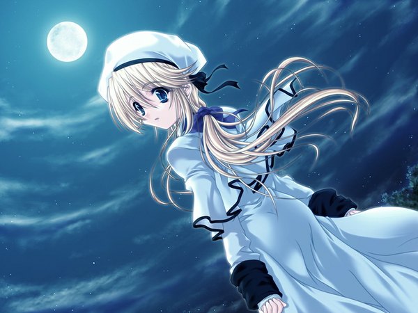 Anime picture 1024x768 with princess bride (game) blue eyes blonde hair game cg sky night girl hat moon