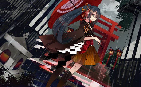 Anime picture 2088x1296 with vocaloid hatsune miku musou yuchi single long hair looking at viewer highres black hair wide image standing twintails holding sky traditional clothes japanese clothes aqua eyes night from below rain girl