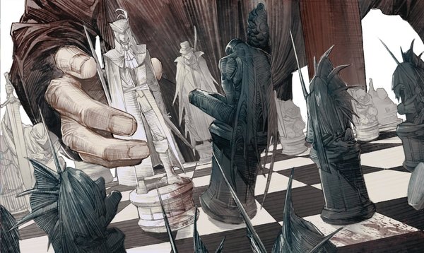 Anime picture 1498x895 with bloodborne from software lady maria of the astral clocktower gehrman the first hunter megasus single wide image head out of frame ambiguous gender chess chessboard